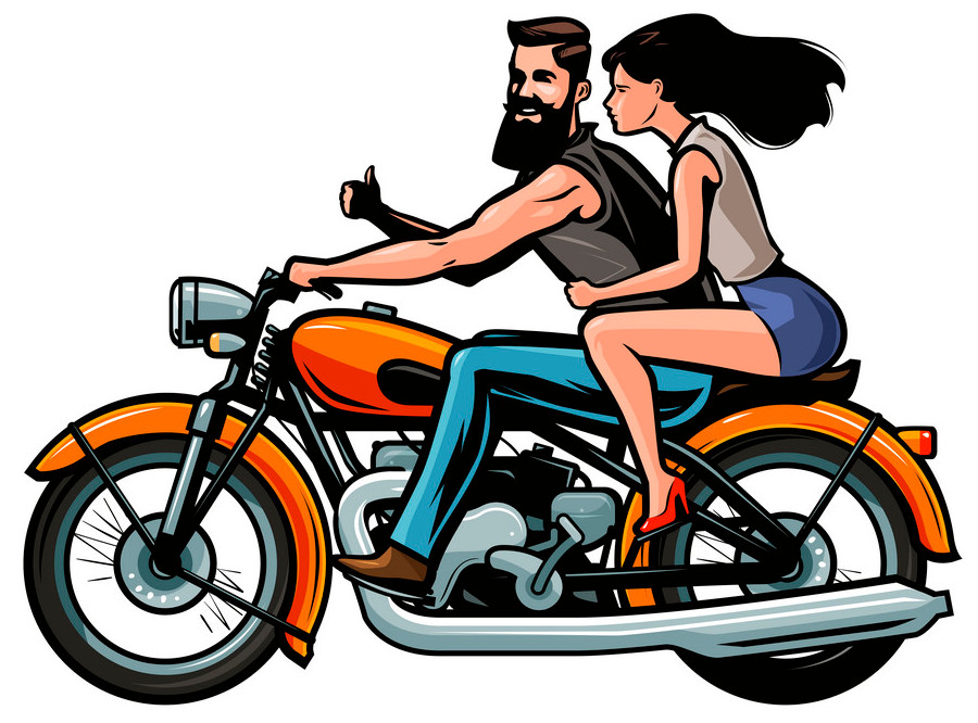 biker with girl riding a retro motorcycle
